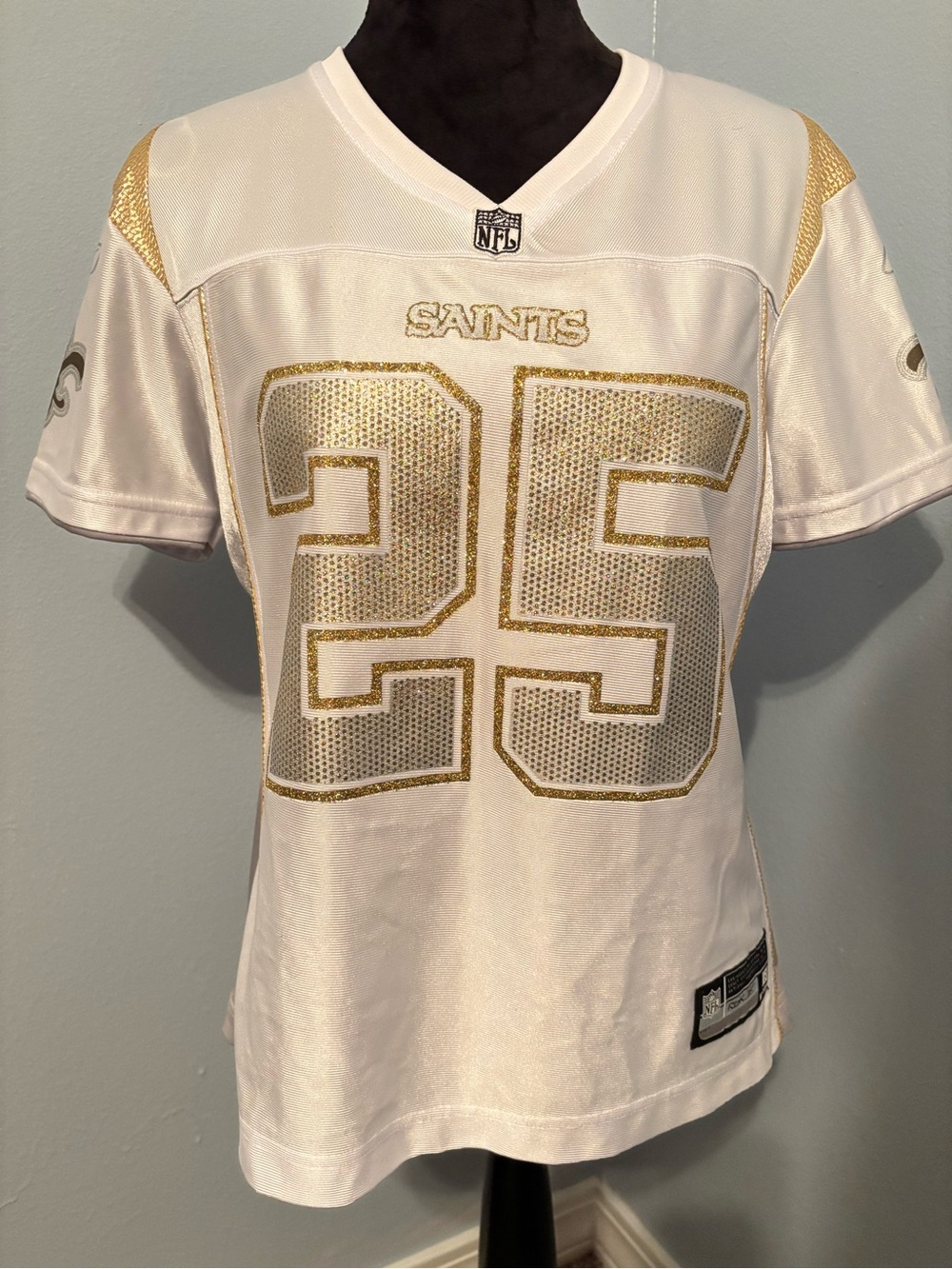 Women's White and Gold Saints #25 Reggie Bush Football Jersey by Reebok